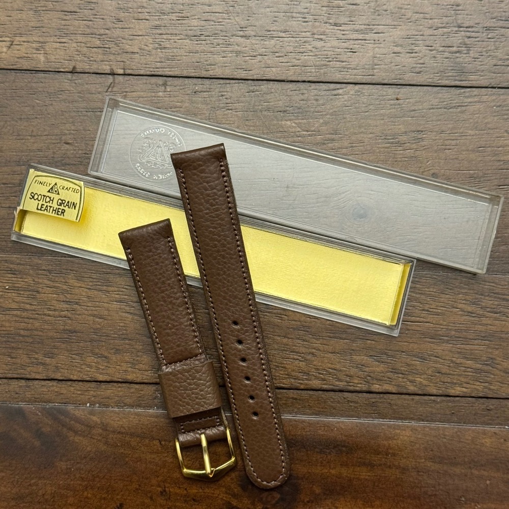 JB Watch Strap Unisex Brown Scotch Grain Leather Vintage Gold Buckle NOS 11/16in